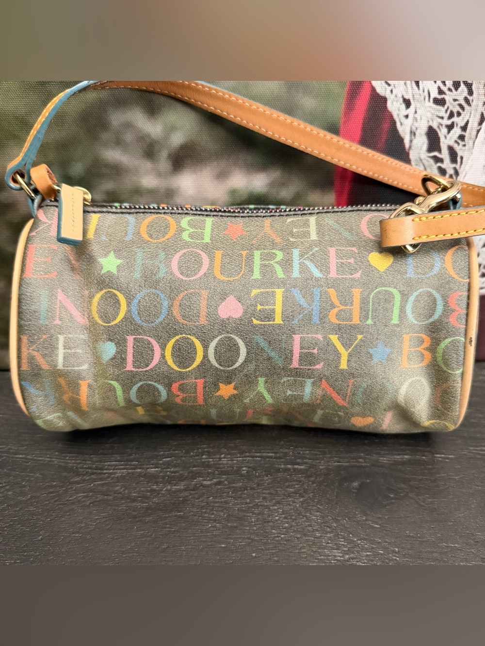 Vintage Dooney & Bourke Multicolor Script mini shoulder barrel bag - Picture 2 of 10